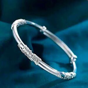 Sterling Silver Leaf Blooming Flower Engraved Rose Bud Stem Bangle Bracelet